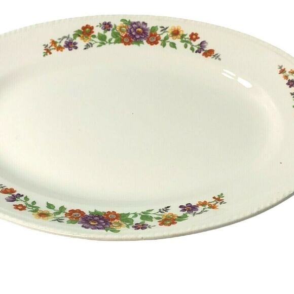 Vintage Crown Ivory China Platter Oval Purple Orange Yellow Floral Serving Plate - Picture 5 of 5